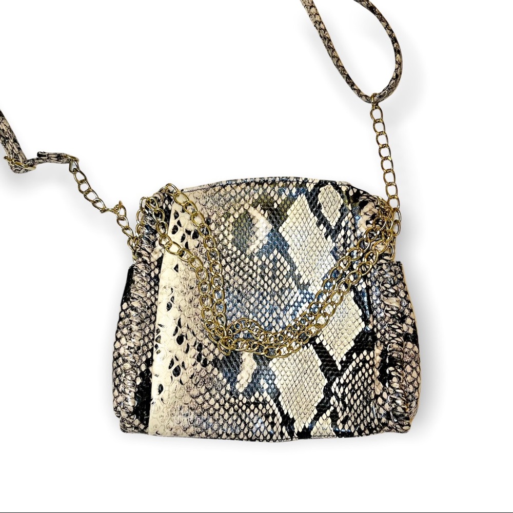 Black & Brown Snake Print Crossbody Purse PU Leather With Gold Chain